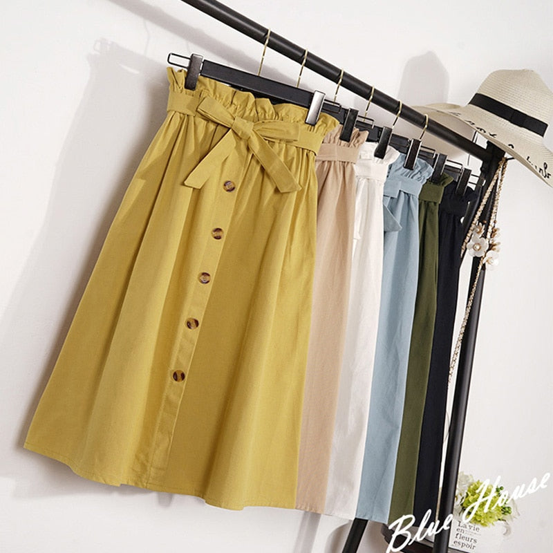 Summer Autumn Skirts Womens 2018 Midi Knee Length Korean Elegant Button High Waist Skirt Female Pleated School Skirt