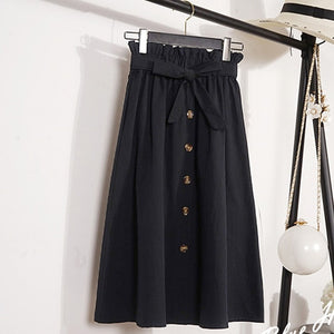 Summer Autumn Skirts Womens 2018 Midi Knee Length Korean Elegant Button High Waist Skirt Female Pleated School Skirt