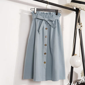 Summer Autumn Skirts Womens 2018 Midi Knee Length Korean Elegant Button High Waist Skirt Female Pleated School Skirt