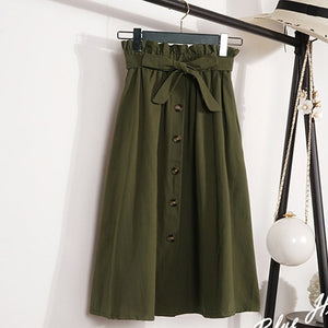 Summer Autumn Skirts Womens 2018 Midi Knee Length Korean Elegant Button High Waist Skirt Female Pleated School Skirt
