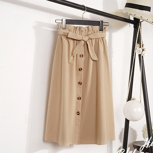 Summer Autumn Skirts Womens 2018 Midi Knee Length Korean Elegant Button High Waist Skirt Female Pleated School Skirt