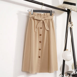 Summer Autumn Skirts Womens 2018 Midi Knee Length Korean Elegant Button High Waist Skirt Female Pleated School Skirt