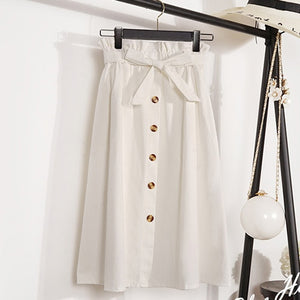 Summer Autumn Skirts Womens 2018 Midi Knee Length Korean Elegant Button High Waist Skirt Female Pleated School Skirt