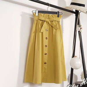 Summer Autumn Skirts Womens 2018 Midi Knee Length Korean Elegant Button High Waist Skirt Female Pleated School Skirt