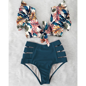 Sexy Bikinis 2020 New Double Shoulder Ruffle Bikini Set High Waist Swimwear Women Swimsuit V-Neck Bathing Suit Beach Wear Swim