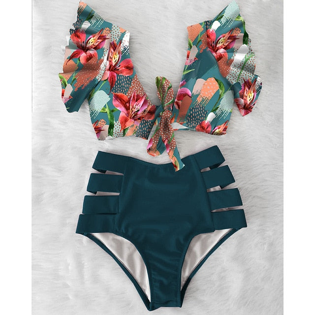 Sexy Bikinis 2020 New Double Shoulder Ruffle Bikini Set High Waist Swimwear Women Swimsuit V-Neck Bathing Suit Beach Wear Swim