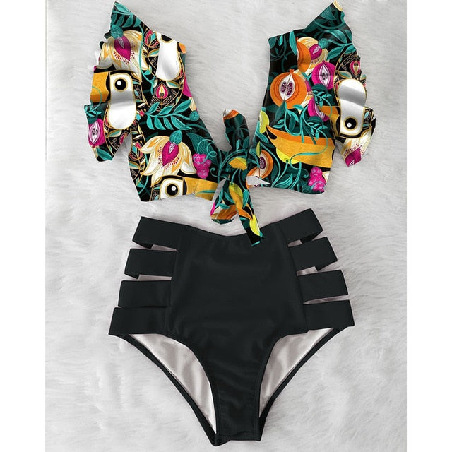 Sexy Bikinis 2020 New Double Shoulder Ruffle Bikini Set High Waist Swimwear Women Swimsuit V-Neck Bathing Suit Beach Wear Swim