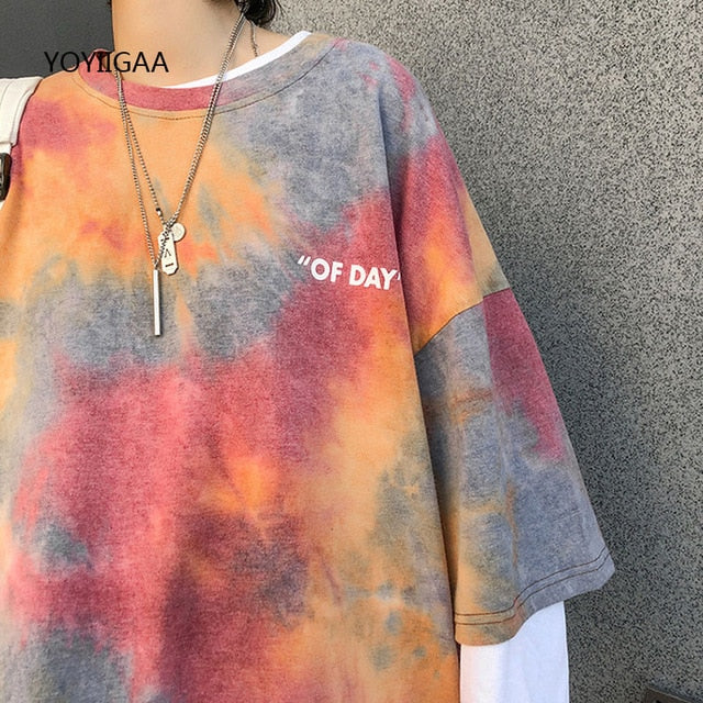 Tie Dye Women's T Shirt Summer Short Sleeve Female T-shirts Casual Tee Tops O-neck Loose Ladies Girls Tshirt Harajuku Women Tops