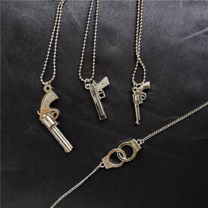 Retro Pistol Handcuffs Gun Pendant Necklace For women Punk Antique Weapon Alloy Beads Chains Jewelry Party Gifts
