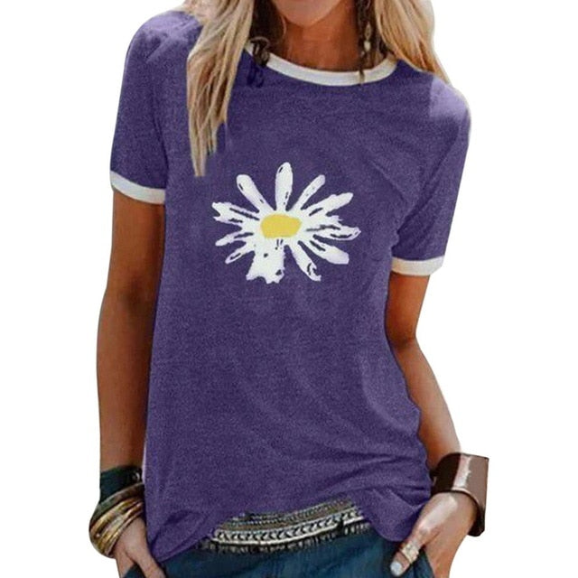CYSINCOS Women Flower T-shirts Lady Fashion Short Sleeve Clothes Summer Shirt Top Tee O Neck Female Ladies Womens Tee T-Shirt
