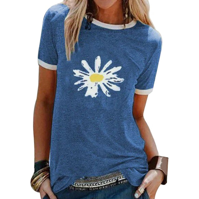 CYSINCOS Women Flower T-shirts Lady Fashion Short Sleeve Clothes Summer Shirt Top Tee O Neck Female Ladies Womens Tee T-Shirt