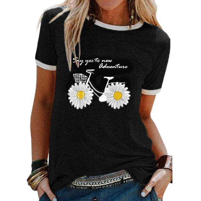 CYSINCOS Women Flower T-shirts Lady Fashion Short Sleeve Clothes Summer Shirt Top Tee O Neck Female Ladies Womens Tee T-Shirt