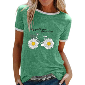 CYSINCOS Women Flower T-shirts Lady Fashion Short Sleeve Clothes Summer Shirt Top Tee O Neck Female Ladies Womens Tee T-Shirt