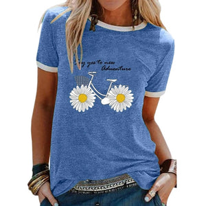 CYSINCOS Women Flower T-shirts Lady Fashion Short Sleeve Clothes Summer Shirt Top Tee O Neck Female Ladies Womens Tee T-Shirt