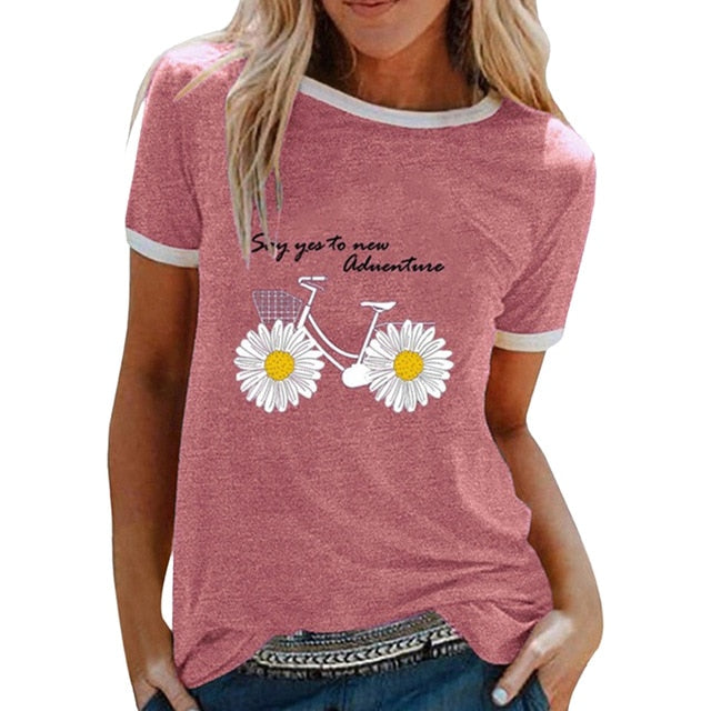 CYSINCOS Women Flower T-shirts Lady Fashion Short Sleeve Clothes Summer Shirt Top Tee O Neck Female Ladies Womens Tee T-Shirt