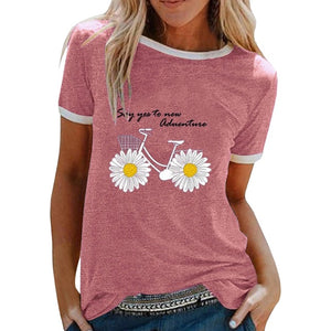 CYSINCOS Women Flower T-shirts Lady Fashion Short Sleeve Clothes Summer Shirt Top Tee O Neck Female Ladies Womens Tee T-Shirt