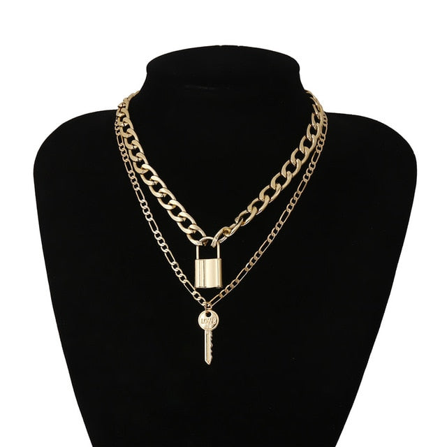 Ingemark Multi Layer Lover Lock Pendant Choker Necklace Steampunk Padlock Heart Chain Necklace Collier Best Couple Jewelry Gift