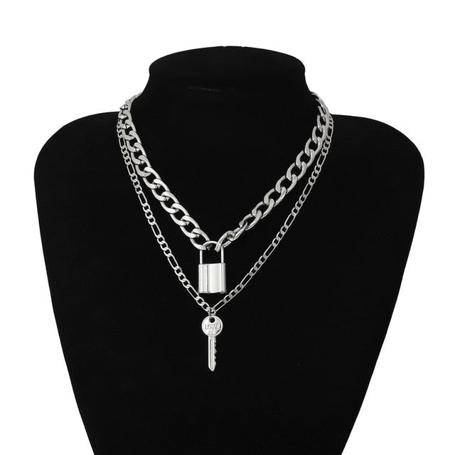 Ingemark Multi Layer Lover Lock Pendant Choker Necklace Steampunk Padlock Heart Chain Necklace Collier Best Couple Jewelry Gift