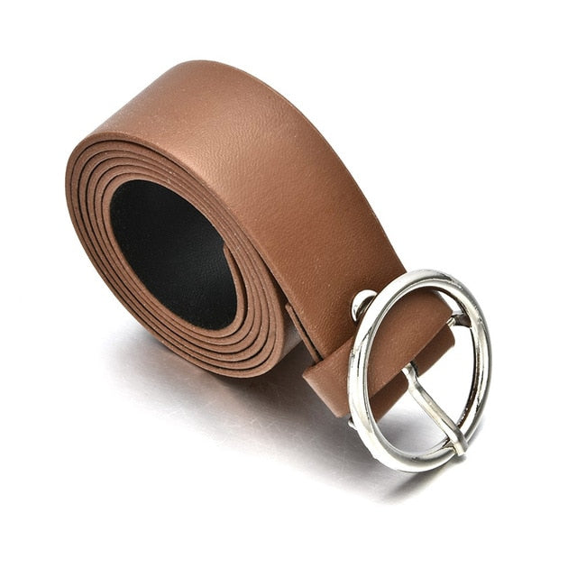Women Faux Leather Belt Jeans Belts for Women Dresses with Classic Round Buckle H9