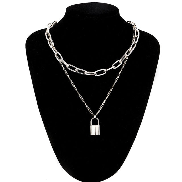 Double layer Lock Chain necklace grunge punk 90s link chain silver color padlock pendant necklace women aesthetic egirl jewelry