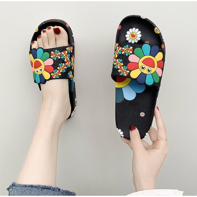 Women Summer Slippers Cute flower Flat Flip Flops Ladies Soft Slides Shoes Female Print Floral Bling Beach Casual Sandals