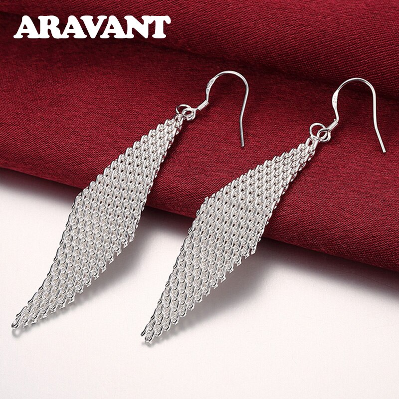 925 Silver Weave Long Drop Earrings For Women Wedding Party Silver Pendientes Jewelry Gift