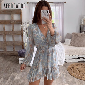 Affogato Sexy v-neck Floral print women summer dress Elegant Ruffle Long sleeve hollow out dress wrap casual beach holiday dress