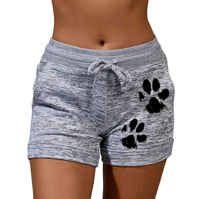 New Summer Fast Drying Drawstring cat paw print shorts Lace Up High Waist Elastic Cotton Short Women Beach Casual Sport Shorts