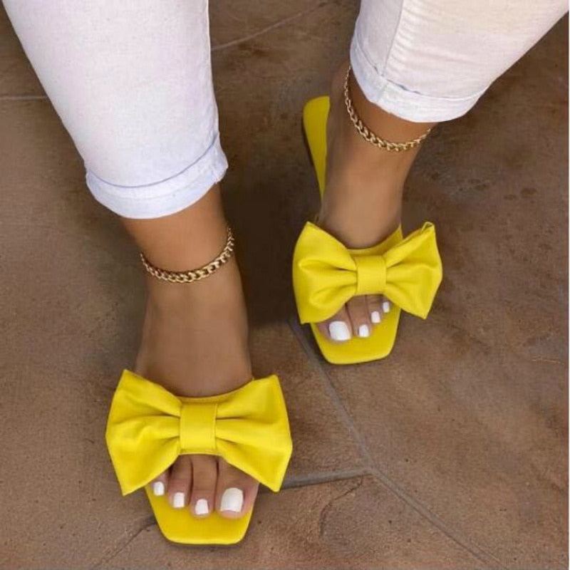 Women Slippers Summer Solid Butterfly Knot Flat Heel Outdoor Slides Fashion Casual Beach Female Ladies Shoes Zapatos De Mujer