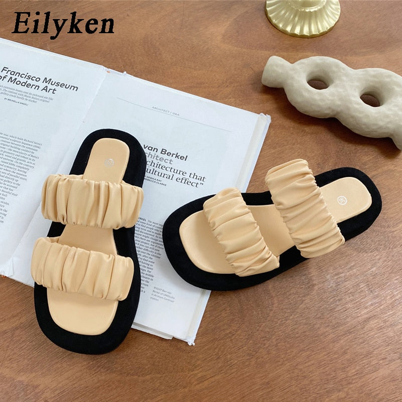 Eilyken 2020 Summer Women Slipper Ladies Outdoor Elegant Folds Slides Sandals Wedge High Heels Slip On High Quality Slipper