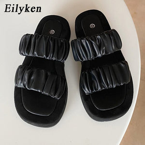 Eilyken 2020 Summer Women Slipper Ladies Outdoor Elegant Folds Slides Sandals Wedge High Heels Slip On High Quality Slipper