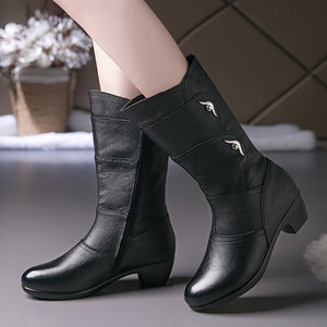 Leather Boots women Cozy Zipper Mid-calf Rubber boots for women Non slip 2020 Spring Female Winter shoes Black Big size 41 42