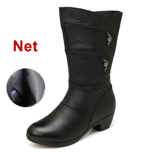 Leather Boots women Cozy Zipper Mid-calf Rubber boots for women Non slip 2020 Spring Female Winter shoes Black Big size 41 42