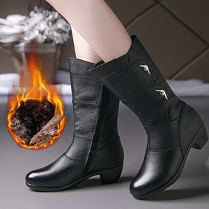 Leather Boots women Cozy Zipper Mid-calf Rubber boots for women Non slip 2020 Spring Female Winter shoes Black Big size 41 42