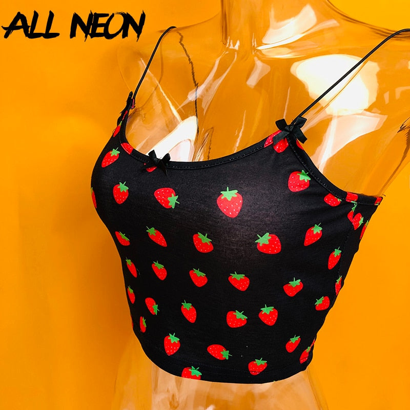 ALLNeon Kawaii Pink Cropped Camis Tops Spaghetti Strap Strawberry Print Summer Crop Tops for Women Vintage Sweet Ladies Tanks