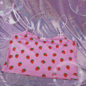 ALLNeon Kawaii Pink Cropped Camis Tops Spaghetti Strap Strawberry Print Summer Crop Tops for Women Vintage Sweet Ladies Tanks