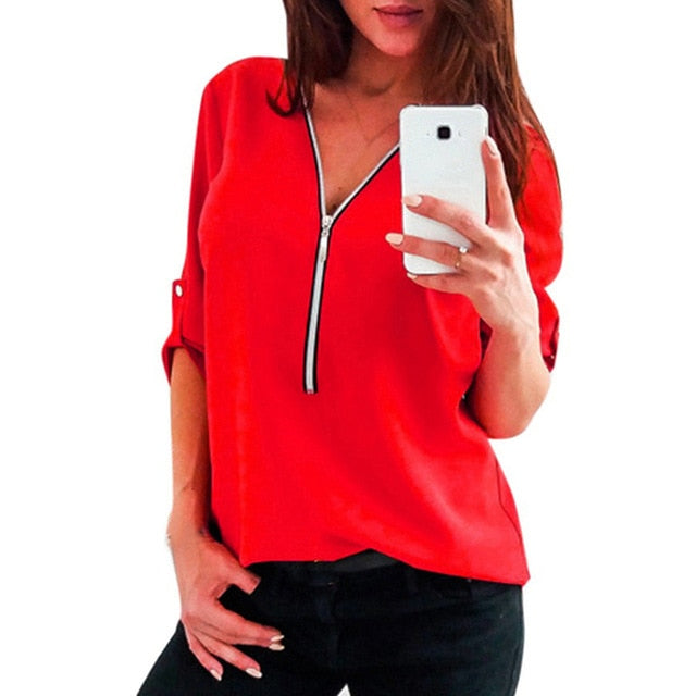 JODIMITTY Zipper Short Sleeve Women Shirts Sexy V Neck Solid Women Top Blouses Casual Tee Shirt Tops Female Clothes Plus Size