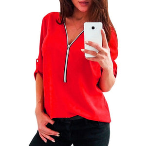 JODIMITTY Zipper Short Sleeve Women Shirts Sexy V Neck Solid Women Top Blouses Casual Tee Shirt Tops Female Clothes Plus Size