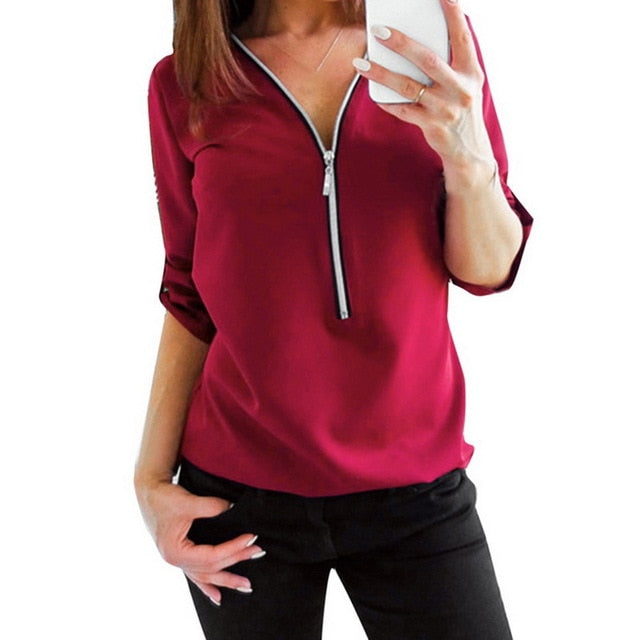 JODIMITTY Zipper Short Sleeve Women Shirts Sexy V Neck Solid Women Top Blouses Casual Tee Shirt Tops Female Clothes Plus Size
