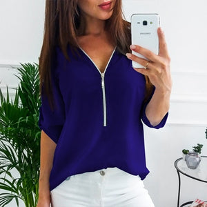 JODIMITTY Zipper Short Sleeve Women Shirts Sexy V Neck Solid Women Top Blouses Casual Tee Shirt Tops Female Clothes Plus Size