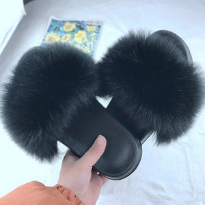 Faux Fur Slides Women Furry Fox Fur Sandals For Woman Female Indoor Shoes Fluffy Plush With Fur Slippers Flip Flops Size 36-45