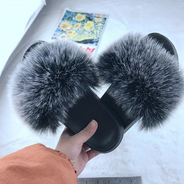 Faux Fur Slides Women Furry Fox Fur Sandals For Woman Female Indoor Shoes Fluffy Plush With Fur Slippers Flip Flops Size 36-45