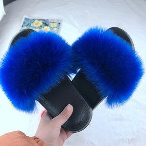 Faux Fur Slides Women Furry Fox Fur Sandals For Woman Female Indoor Shoes Fluffy Plush With Fur Slippers Flip Flops Size 36-45