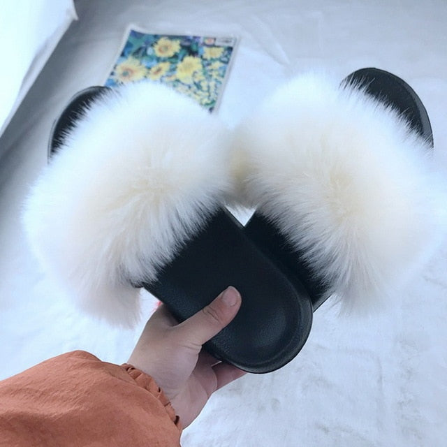 Faux Fur Slides Women Furry Fox Fur Sandals For Woman Female Indoor Shoes Fluffy Plush With Fur Slippers Flip Flops Size 36-45