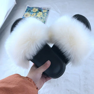 Faux Fur Slides Women Furry Fox Fur Sandals For Woman Female Indoor Shoes Fluffy Plush With Fur Slippers Flip Flops Size 36-45