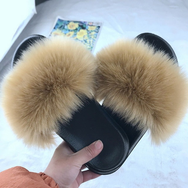 Faux Fur Slides Women Furry Fox Fur Sandals For Woman Female Indoor Shoes Fluffy Plush With Fur Slippers Flip Flops Size 36-45