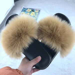 Faux Fur Slides Women Furry Fox Fur Sandals For Woman Female Indoor Shoes Fluffy Plush With Fur Slippers Flip Flops Size 36-45