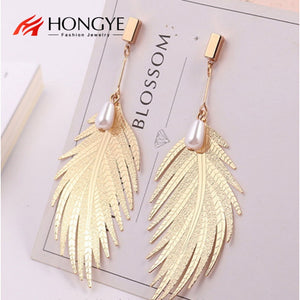 HONGYE Fashion Jewelry Dubai Long Dangling Earrings Femme   Feather Leaves Shape Big Eardrops For Women Brincos 2020