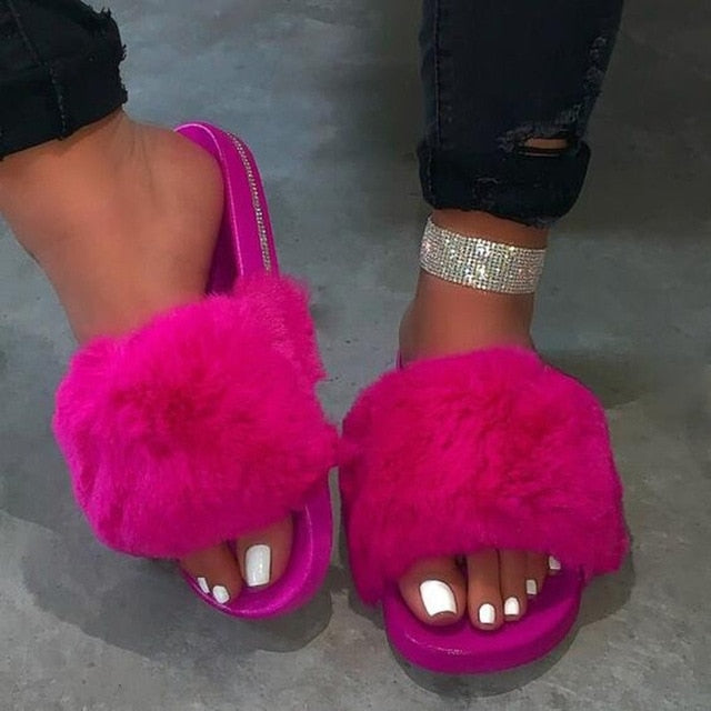 Puimentiua New Fur Women Slippers Shoes 2020 Fur Slippers Outdoor Slides Ladies Furry Beach Flip Flops Fluffy Women Shoes
