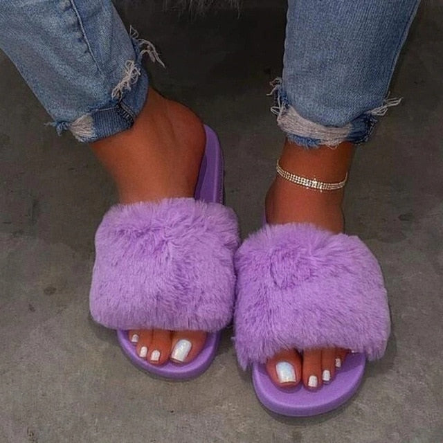 Puimentiua New Fur Women Slippers Shoes 2020 Fur Slippers Outdoor Slides Ladies Furry Beach Flip Flops Fluffy Women Shoes